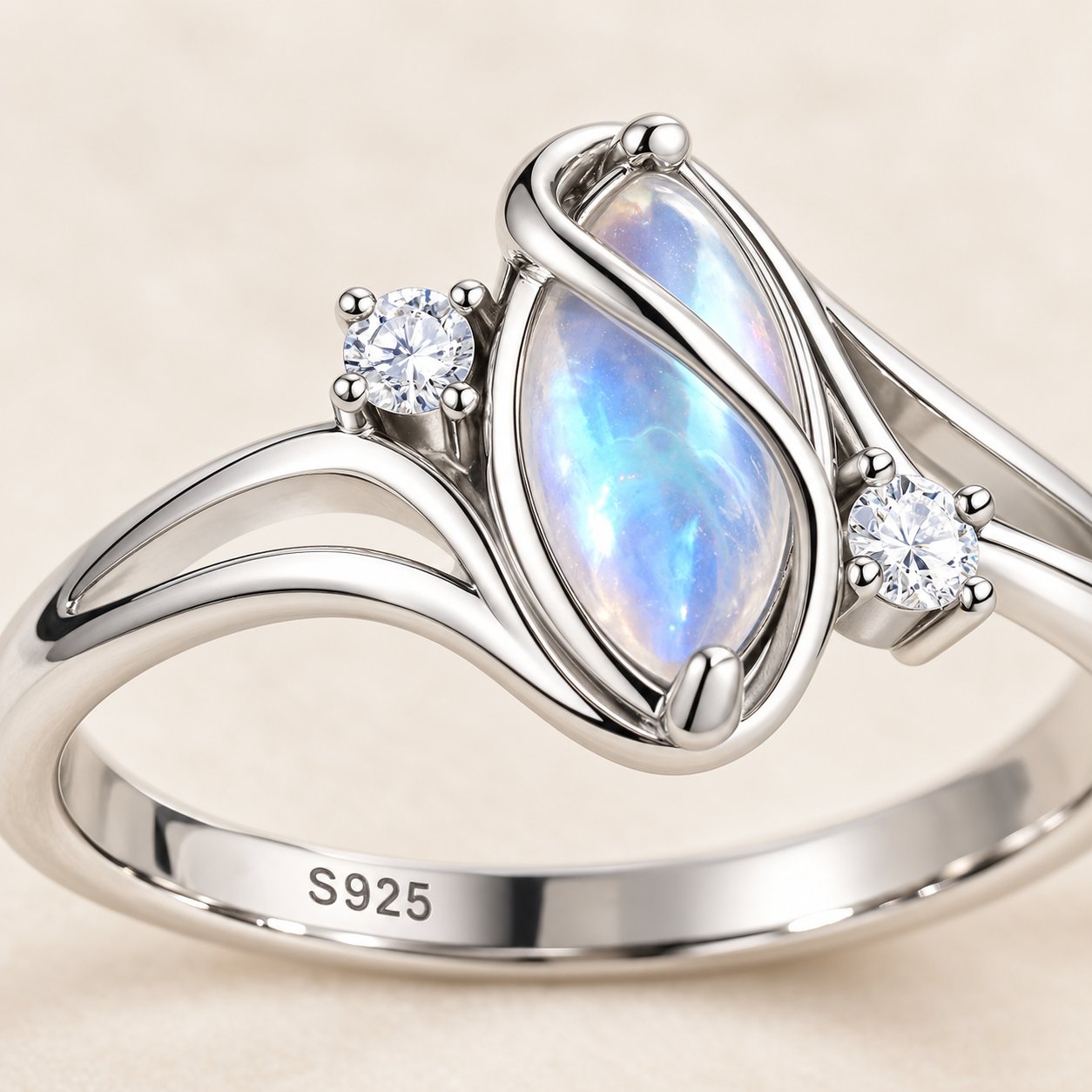 Profile of the split polished sterling silver band of the Pomence Moonstone Ring