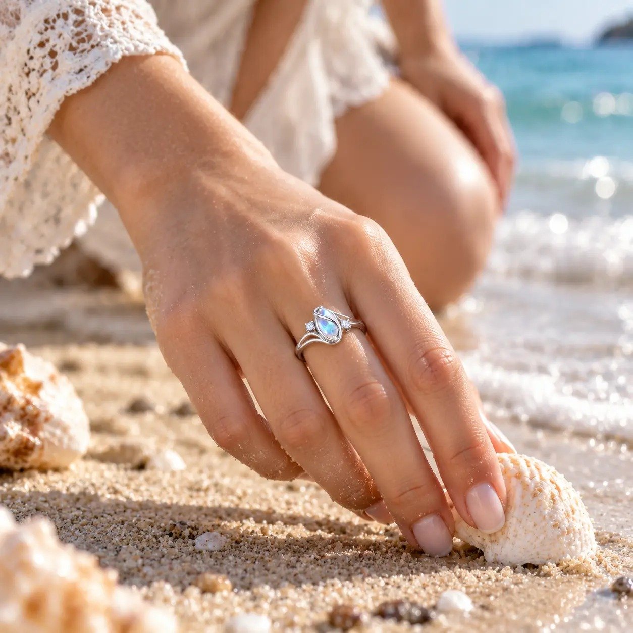 The marquise moonstone in the Pomence Moonstone Ring catching a blue flash as the hand turns