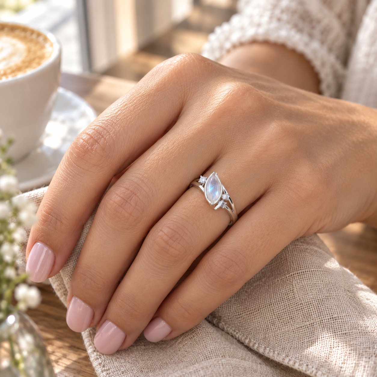 Macro of the S925 stamp on the inner band of the Pomence Moonstone Ring