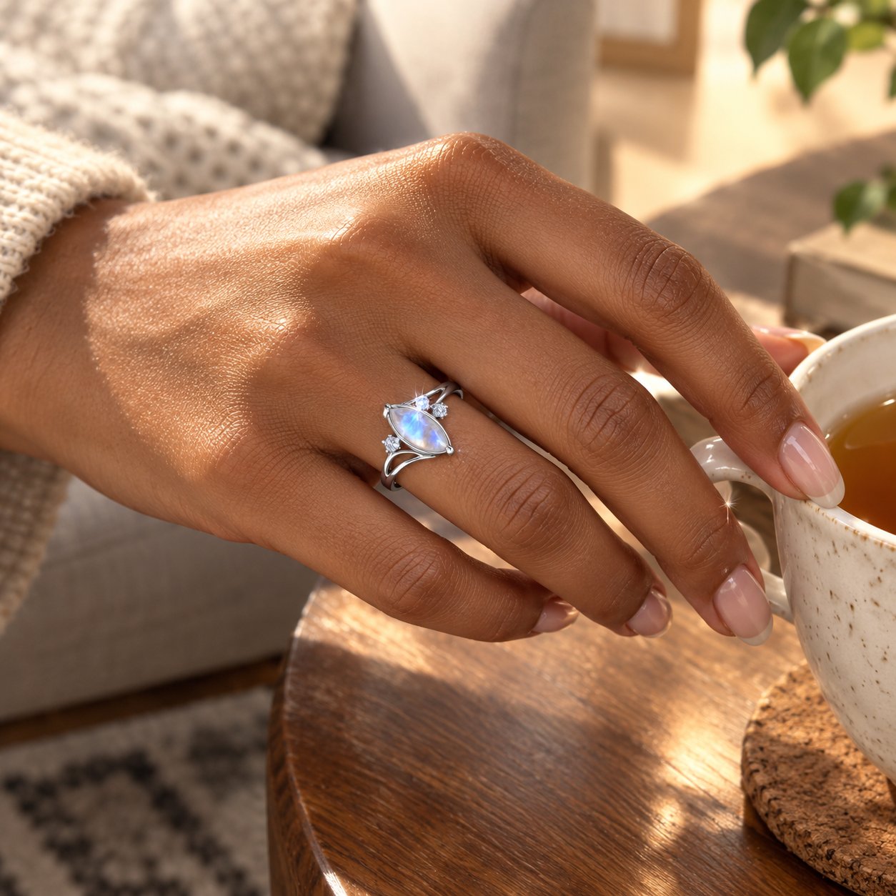 The Pomence Moonstone Ring seen from above, showing the two silver ribbons crossing the marquise stone and a round CZ at each end