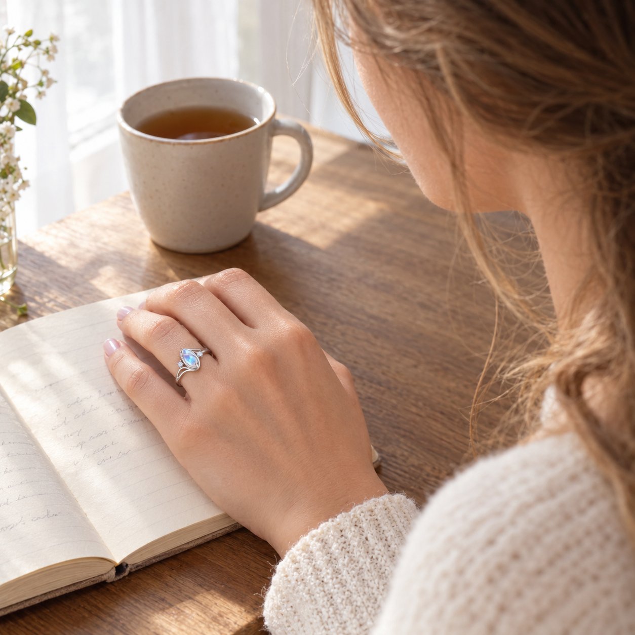 A woman at a table wearing the Pomence Moonstone Ring on her ring finger, shown in everyday context