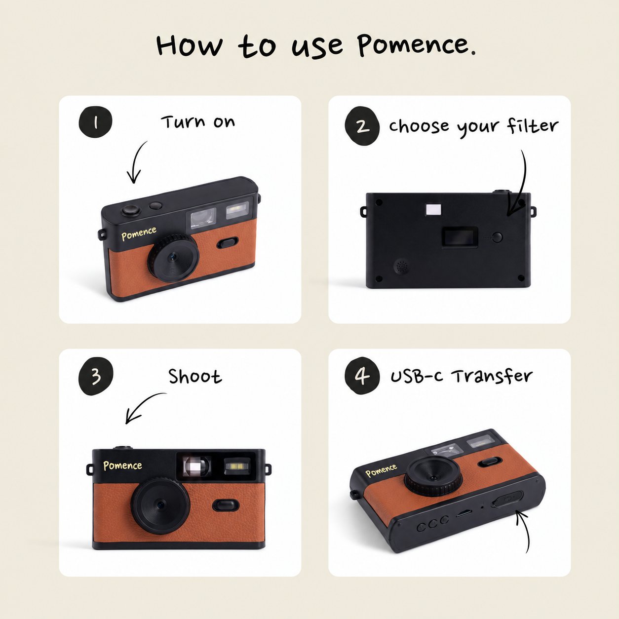 Two hands holding the Pomence Mini Retro Camera turned to show its plain black back with no screen, a finger adjusting the filter dial