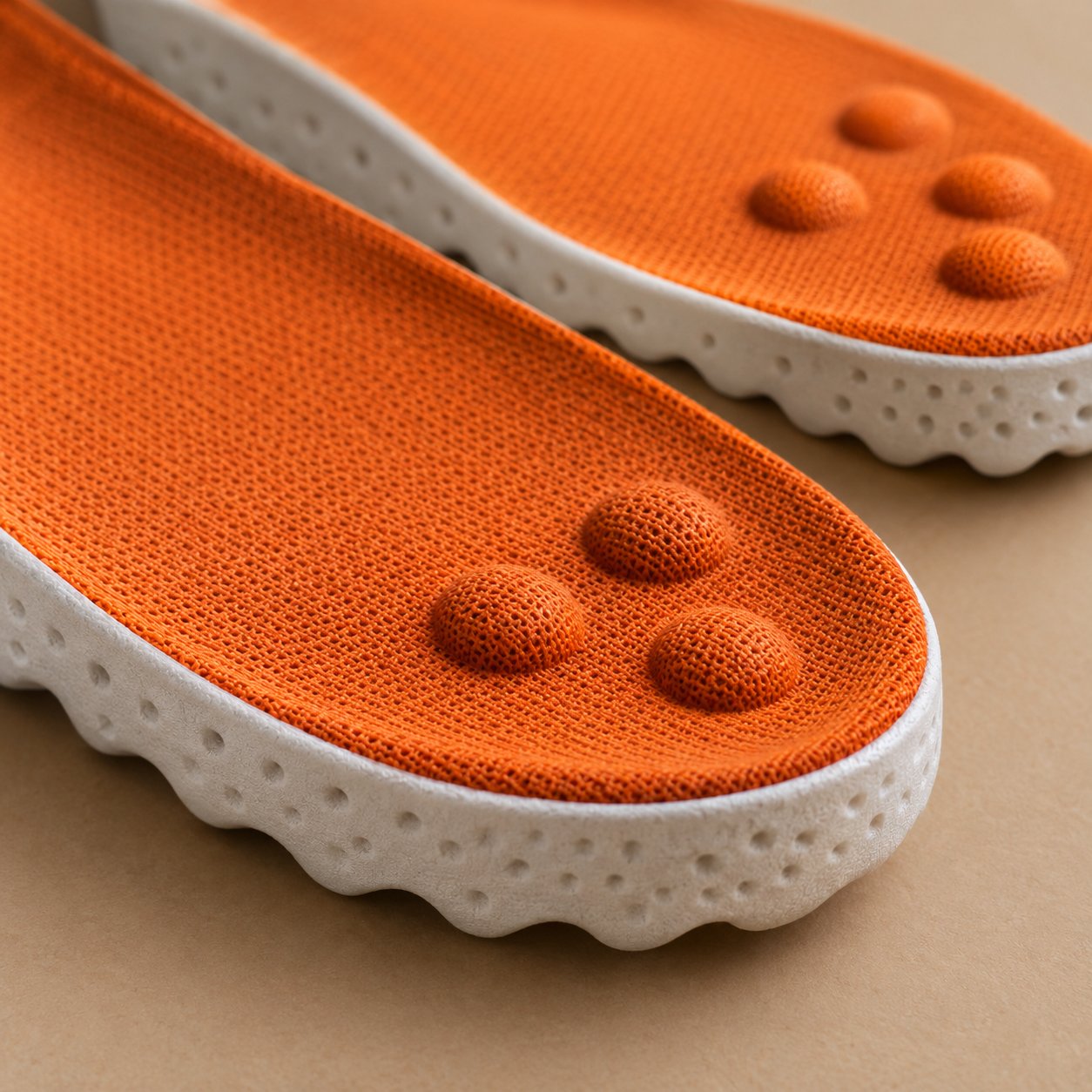 A thumb pressing into the cobblestone foam base of the Pomence Massage Insoles and the foam springing back