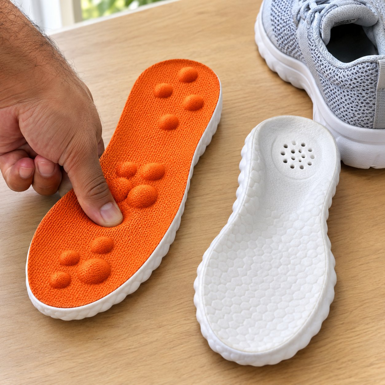 Close-up of the seven raised massage nodes on the orange knit deck of the Pomence Massage Insoles
