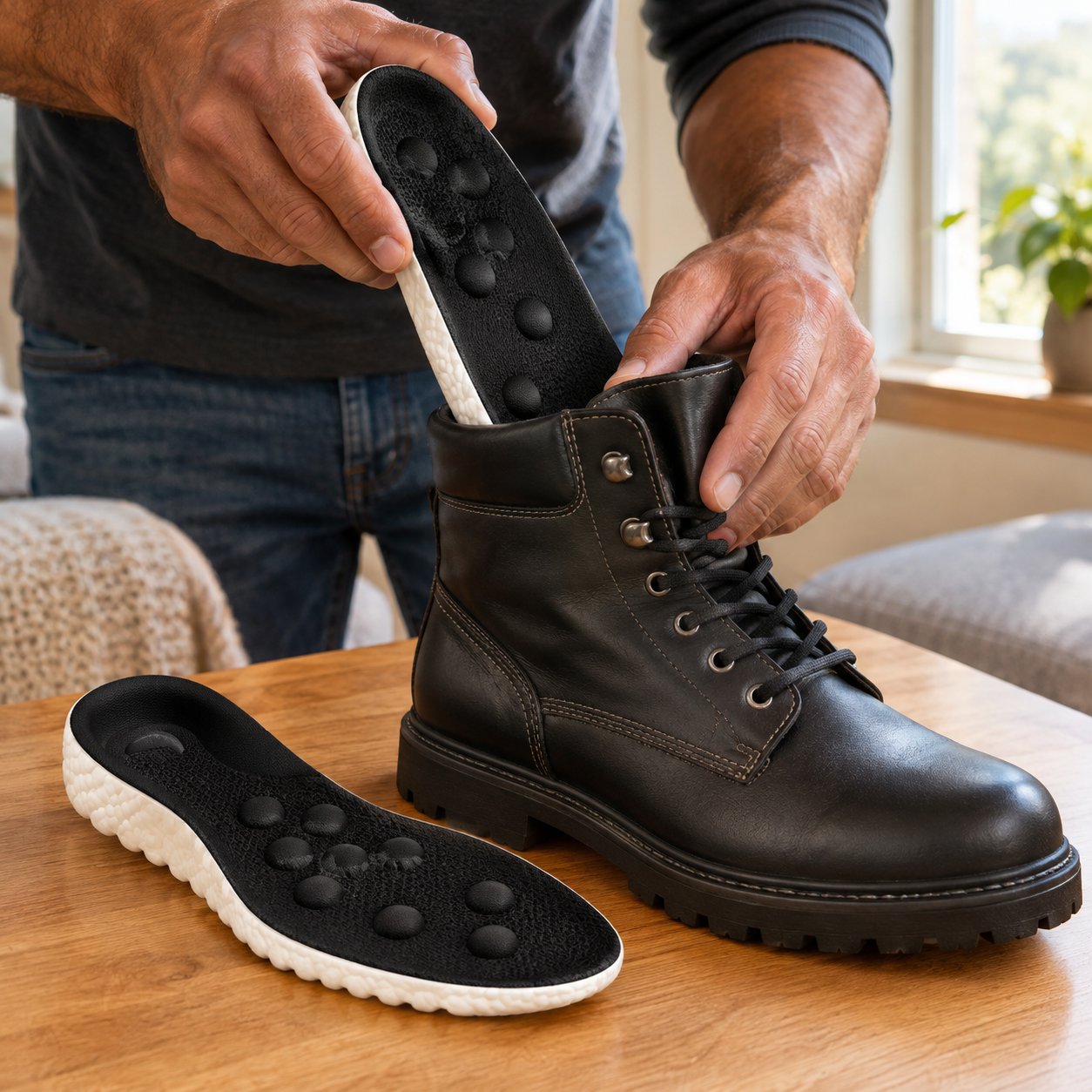The white molded base of the Pomence Massage Insoles showing the cobblestone pattern, the vent holes and the deep heel cup