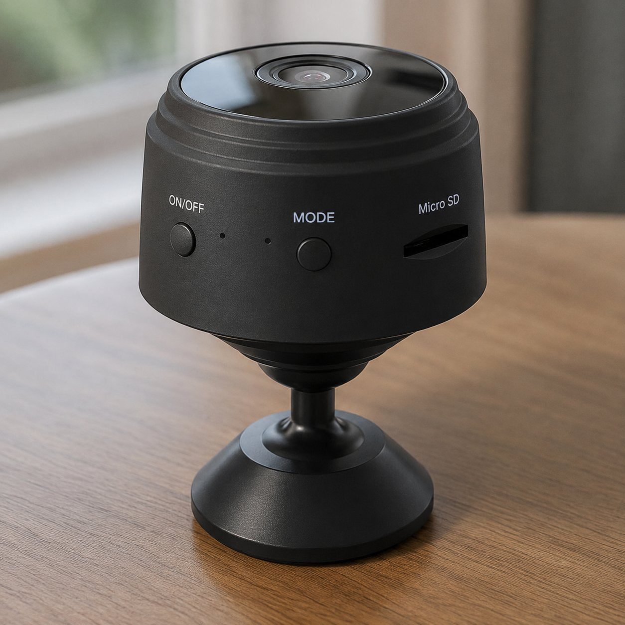 Pomence Mini WiFi Security Camera showing its buttons and memory card slot