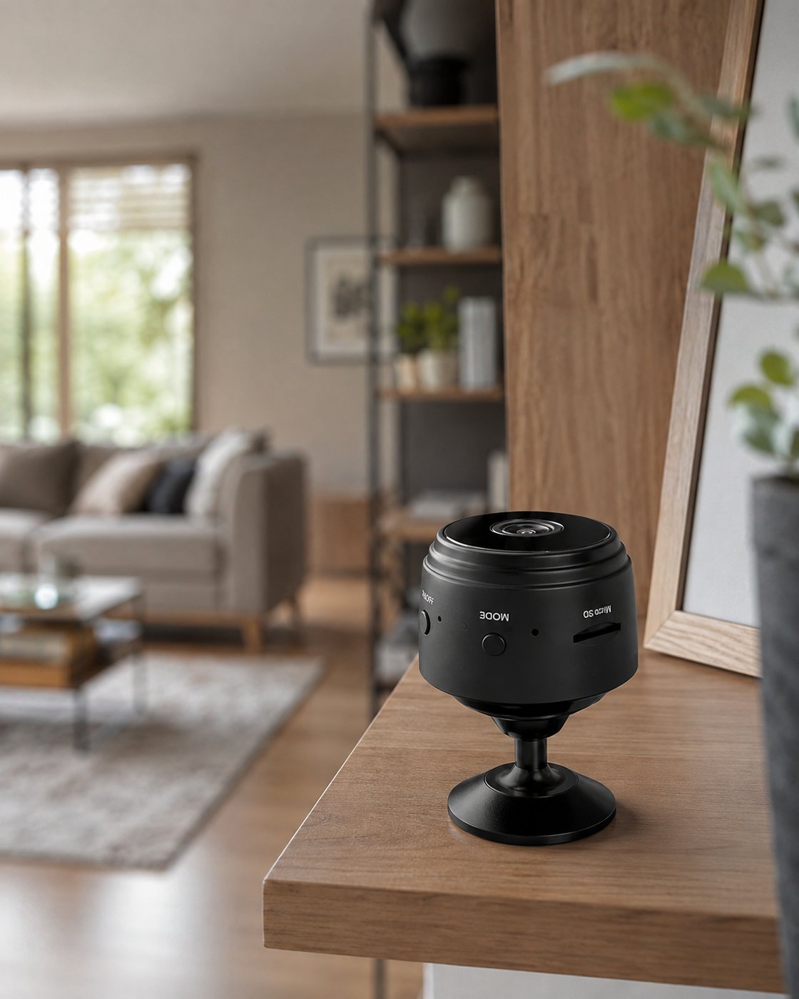Pomence Mini WiFi Security Camera mounted in a room, recording day and night