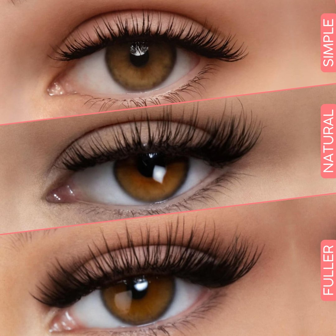 Three eye close-ups comparing the Natural, Simple, and Fuller Pomence magnetic lash styles