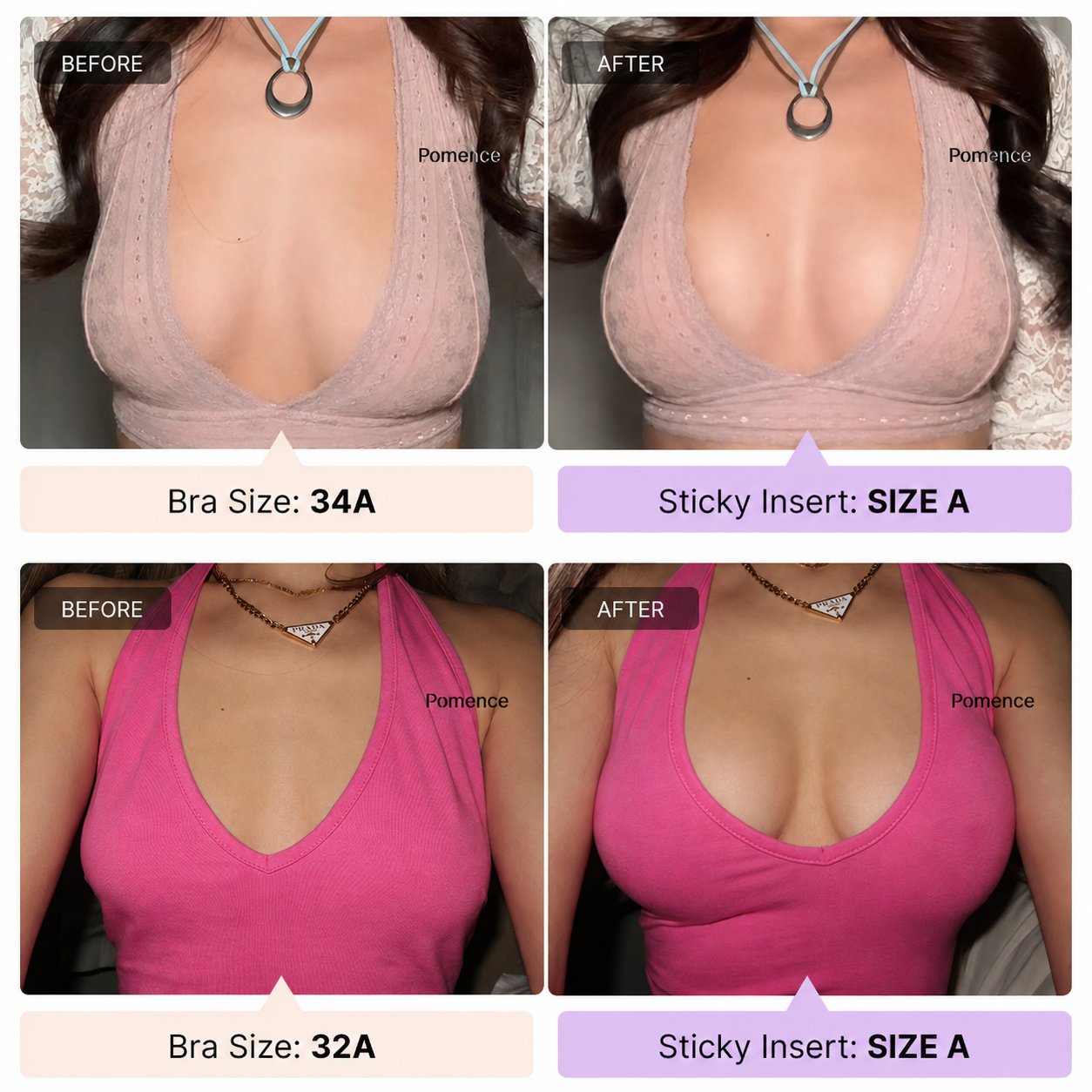 Before and after wearing a Pomence sticky bra insert under a top