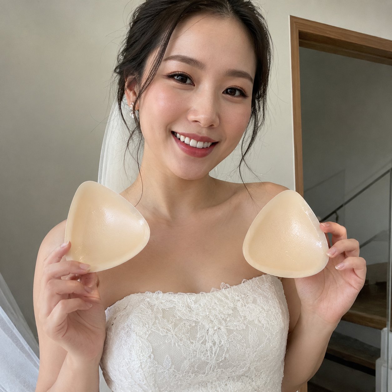 Woman in a wedding dress holding a Pomence bra insert box