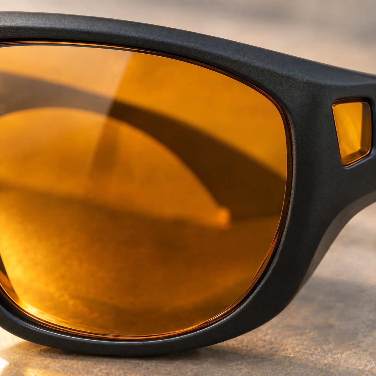 Macro close-up of the warm translucent amber polarized lens of the Pomence Night Driving Glasses