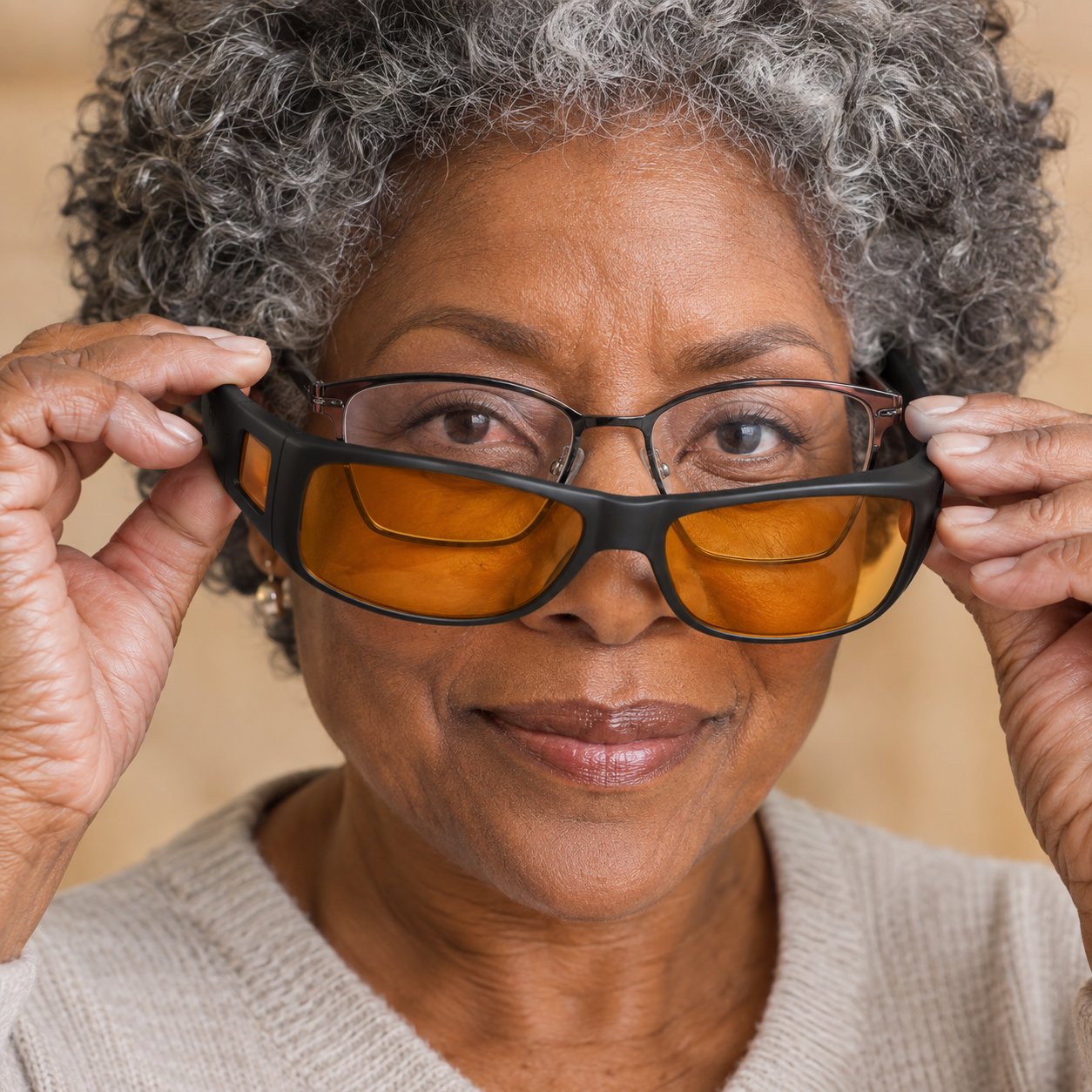 The amber Pomence Night Driving Glasses being slid on over an ordinary pair of clear prescription glasses