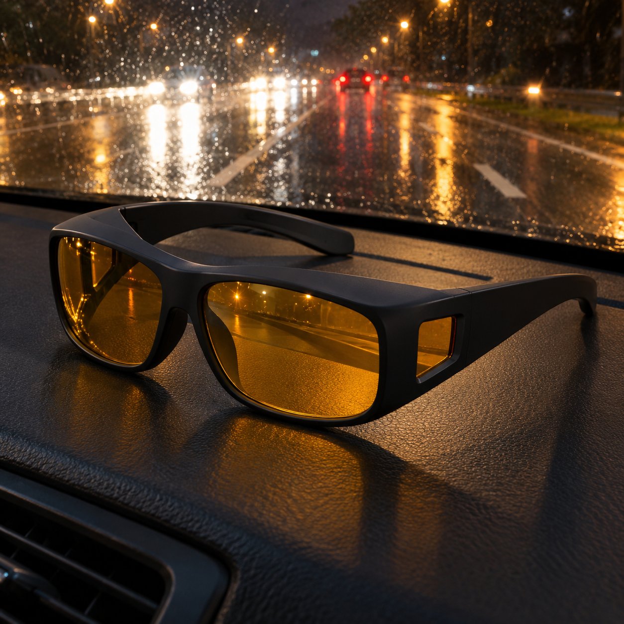 The Pomence Night Driving Glasses seen from above, showing the amber lenses, the wide flat arms and the side window at each temple