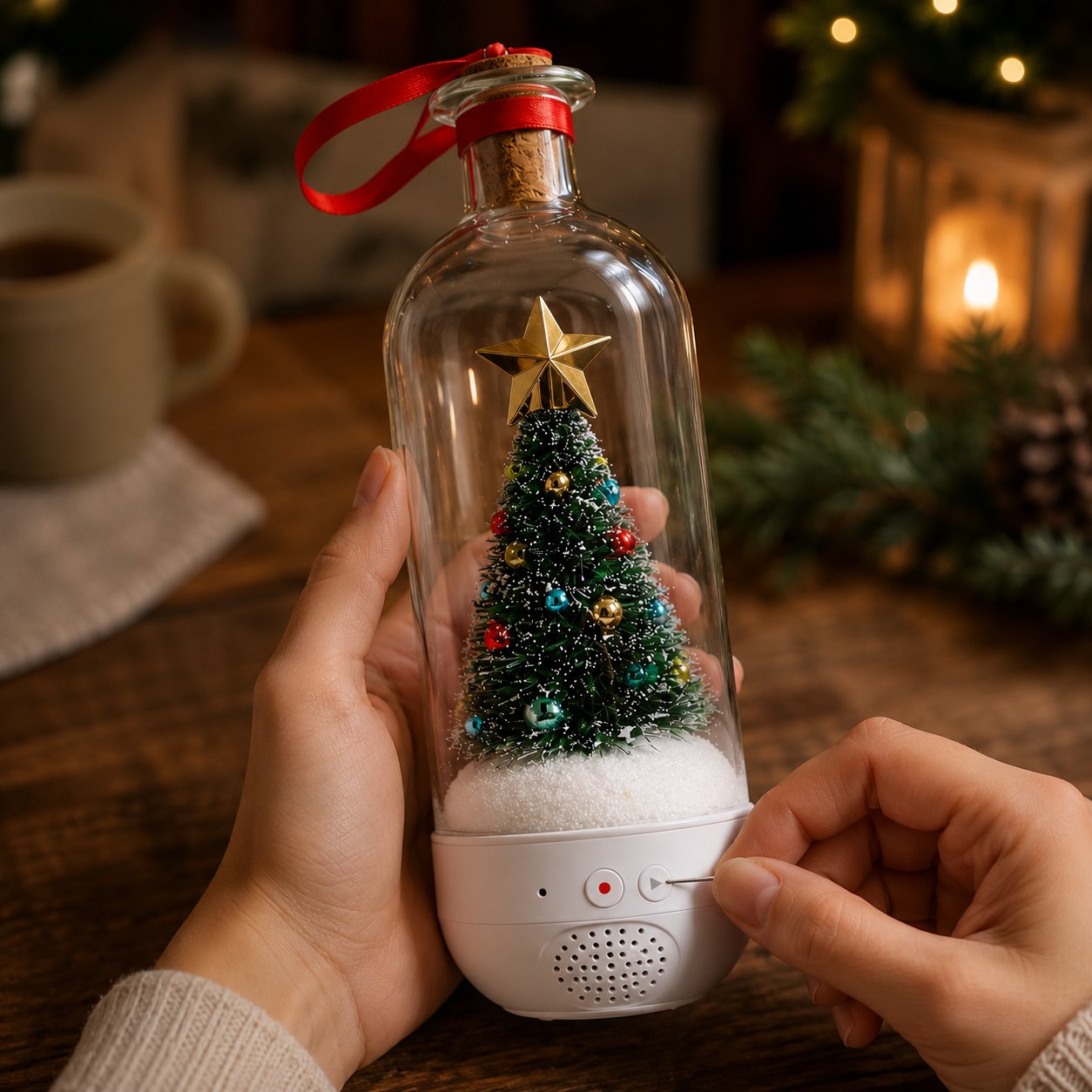 Glass bottle with a small decorated Christmas tree inside, cork on top