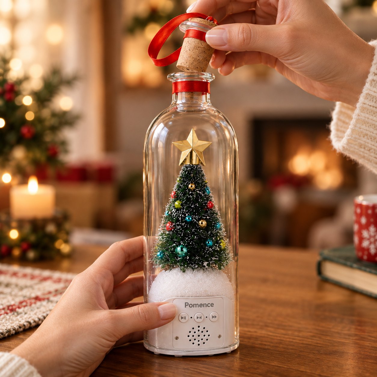 The bottle tree set out on a table beside Christmas decorations