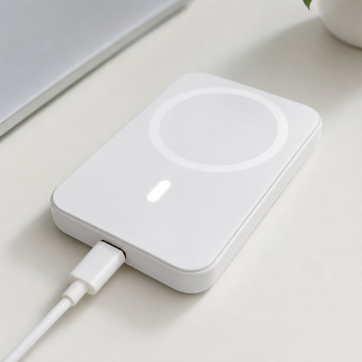 USB-C cable plugged into the Pomence power bank