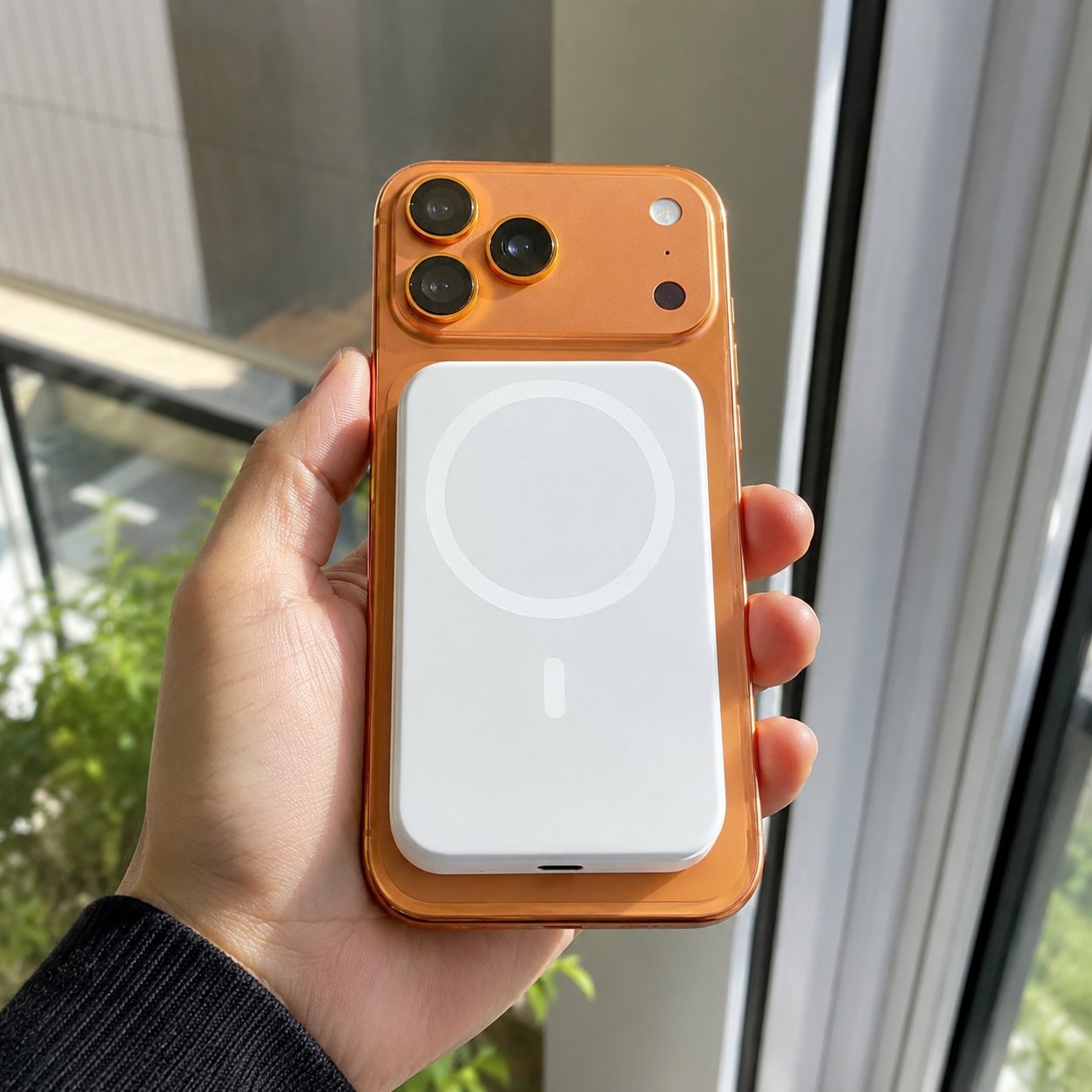 Phone with the Pomence power bank snapped to the back, held in one hand
