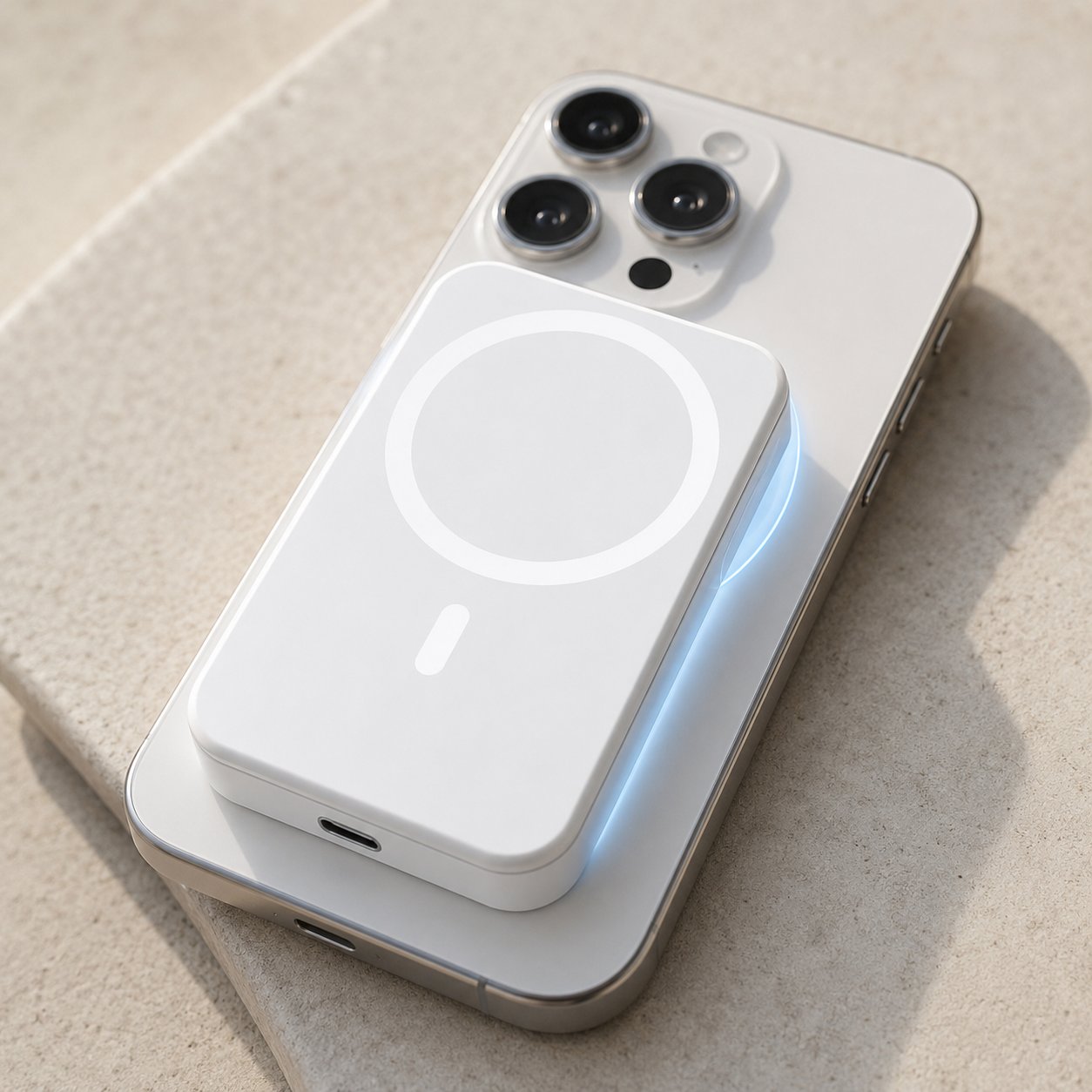 Pomence Magnetic Wireless Power Bank snapping onto the back of a phone