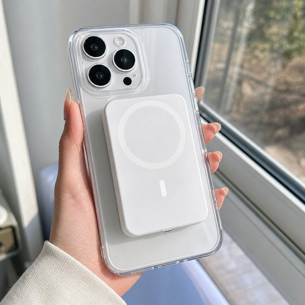 Phone in a clear magnetic case with the Pomence power bank snapped to the back