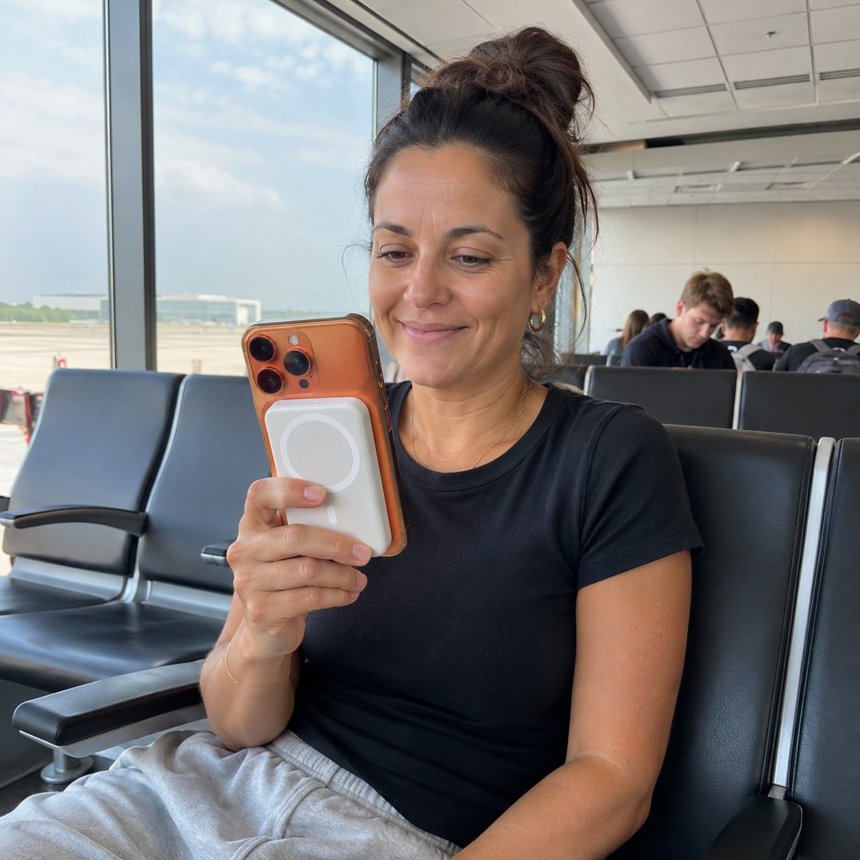 Woman at the airport with the Pomence power bank snapped to her phone