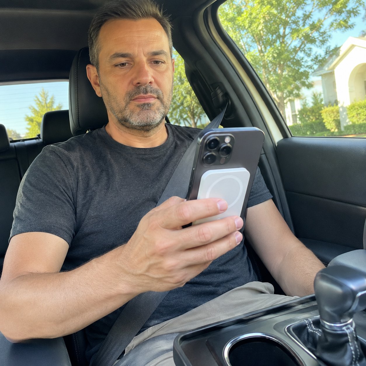 Man in a parked car with the Pomence power bank on his phone