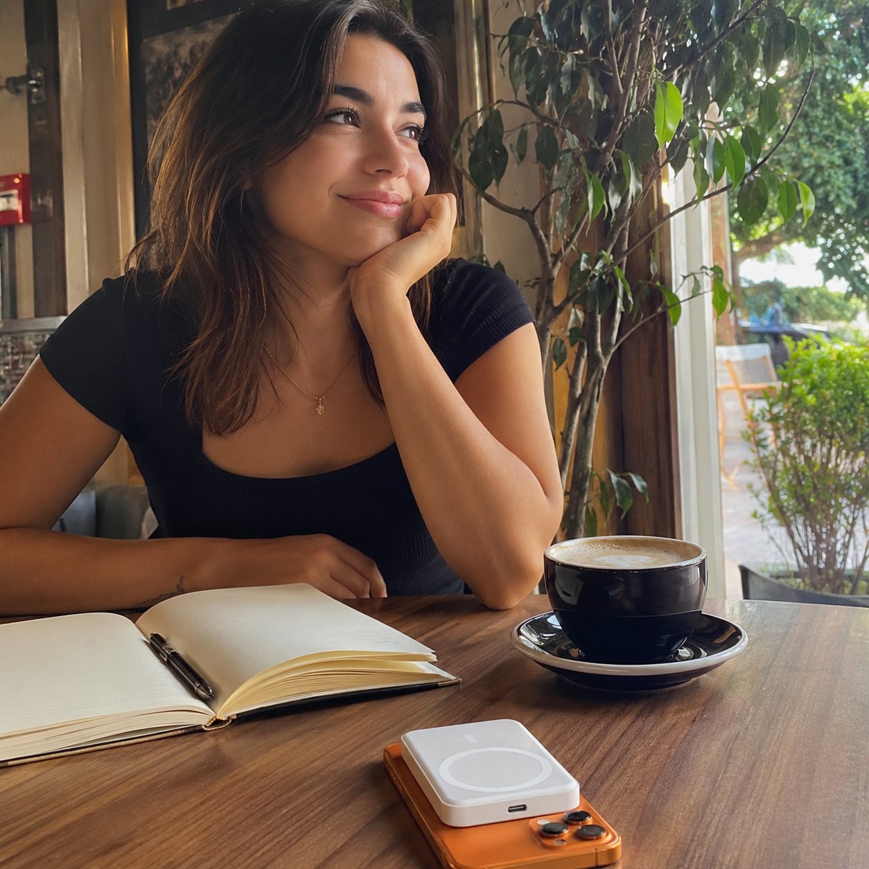 Woman at a coffee shop table with the Pomence power bank on her phone
