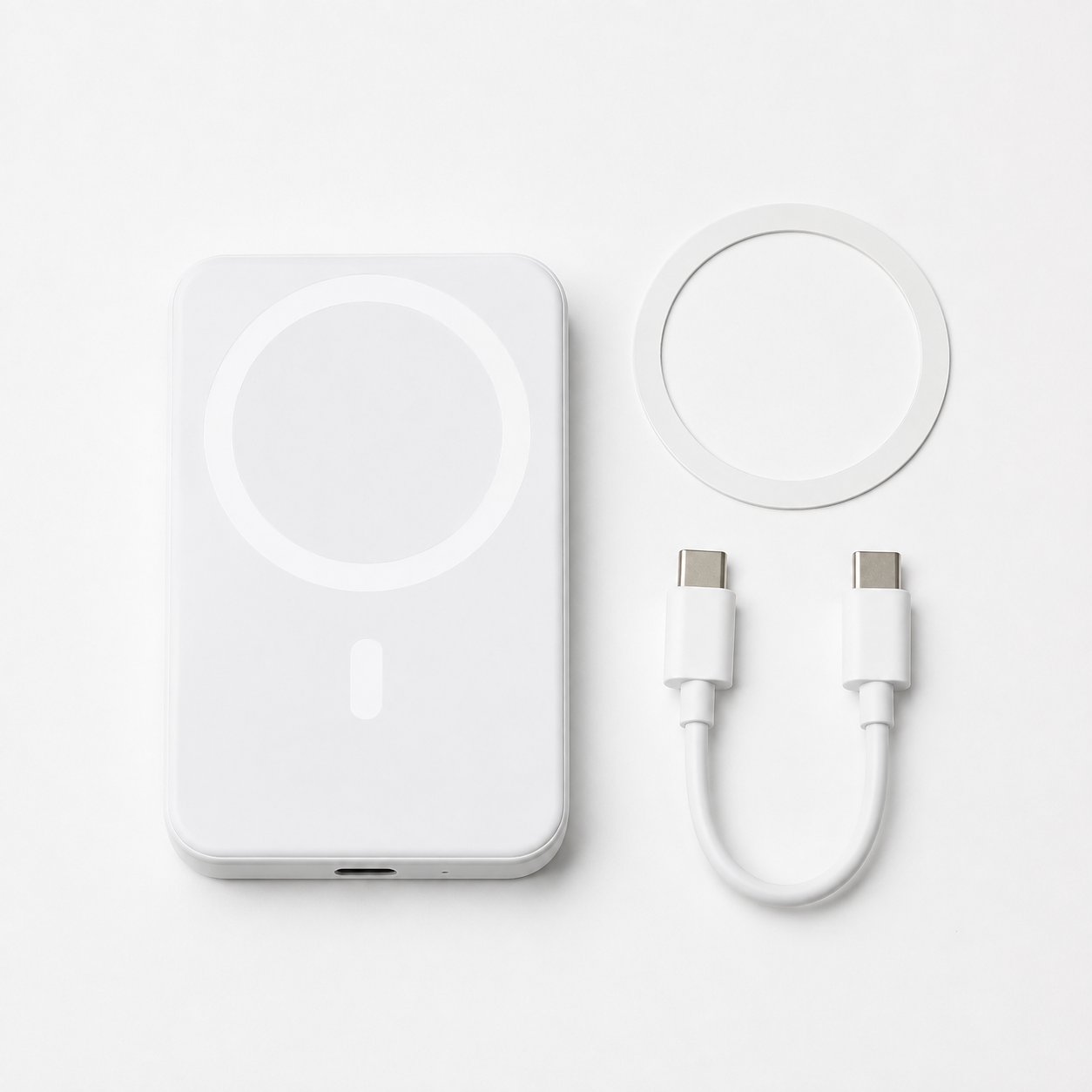 Pomence power bank, magnetic retention ring, and USB-C cable laid out