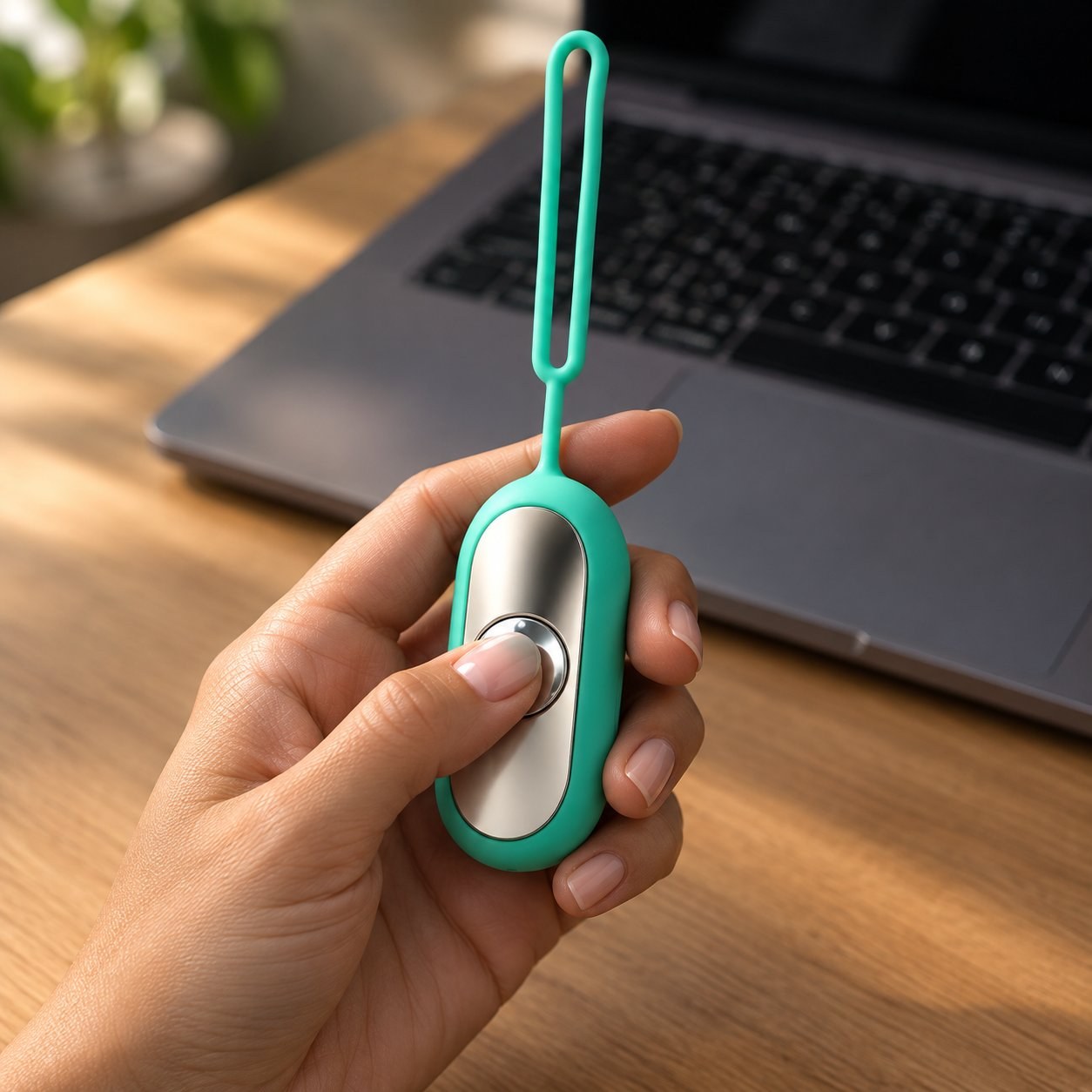 An adult hand closed around the teal Pomence Palm Calm Fidget with the thumb resting on the domed button