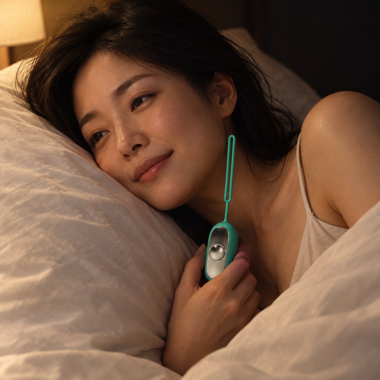 A woman lying in bed at night holding the teal Pomence Palm Calm Fidget against her chest