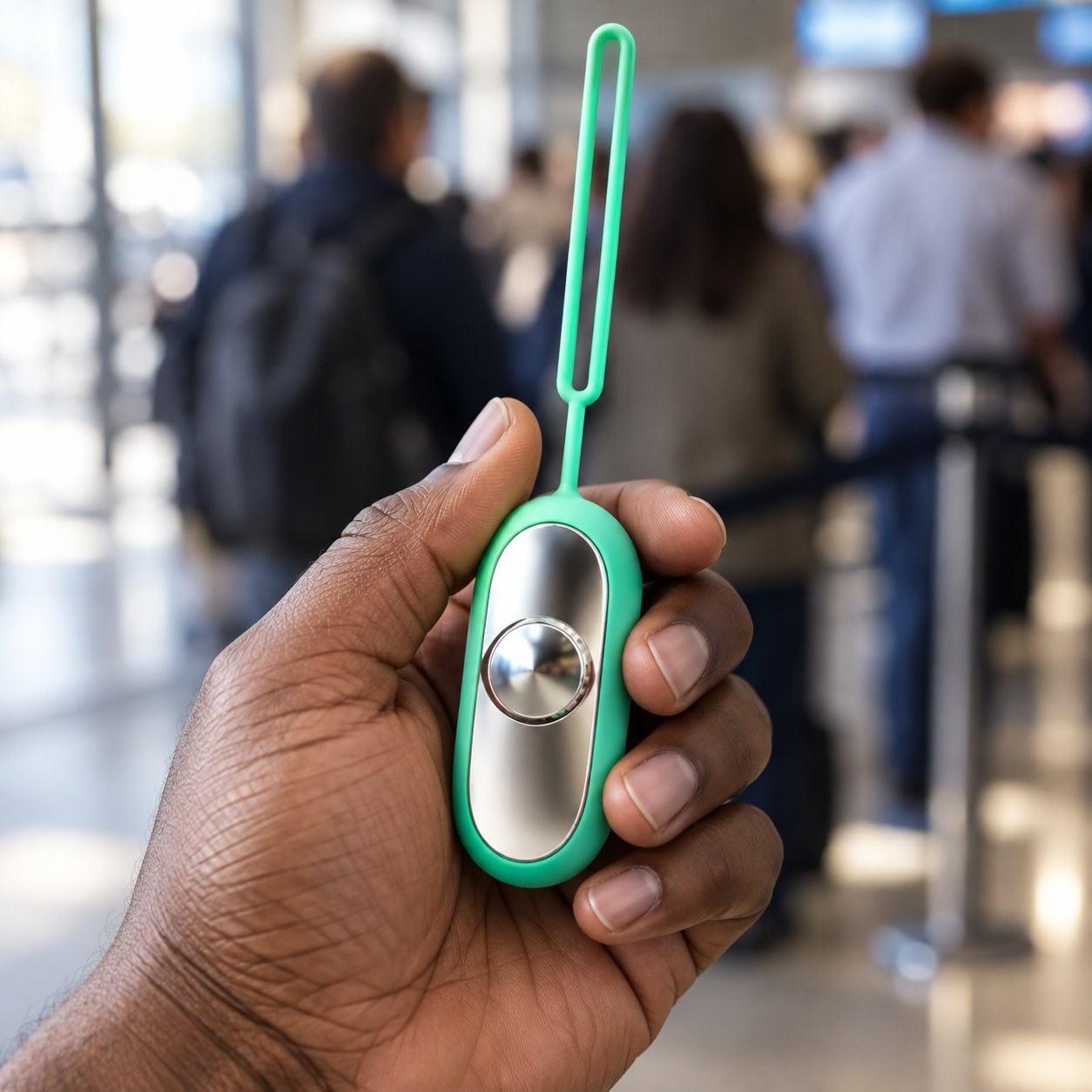 The teal Pomence Palm Calm Fidget held in an adult hand while waiting in a queue, the silicone loop rising from the top