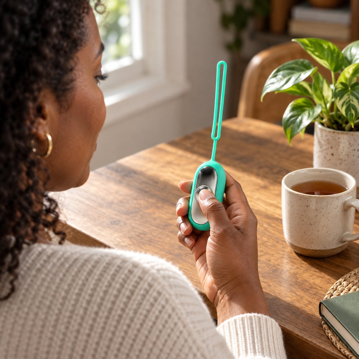 A woman at a wooden table holding the teal Pomence Palm Calm Fidget in one hand, thumb by the domed button