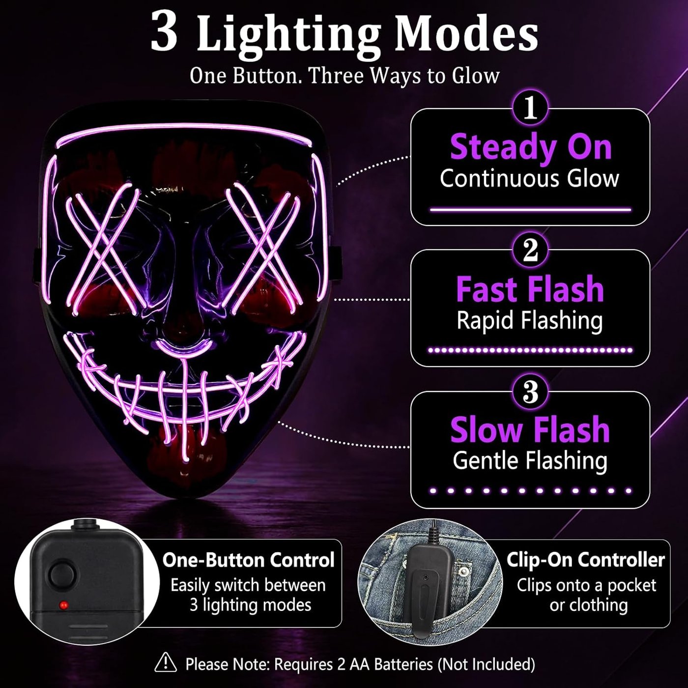 3 lighting modes, one-button clip-on controller for the LED Halloween mask