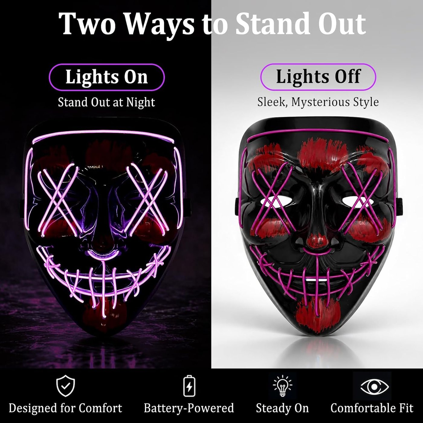 Two looks, lights on neon glow versus lights off glossy black shell Halloween mask