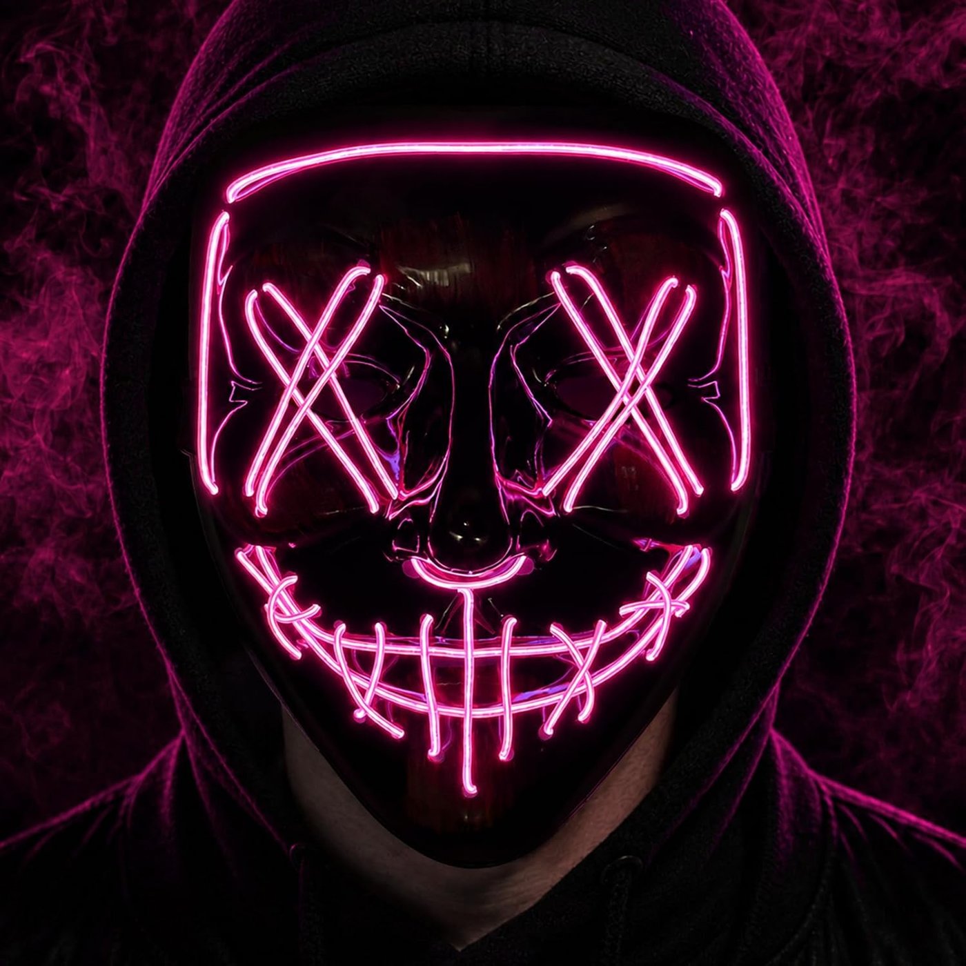 Purge-style LED light-up Halloween mask, glowing magenta, guarantee