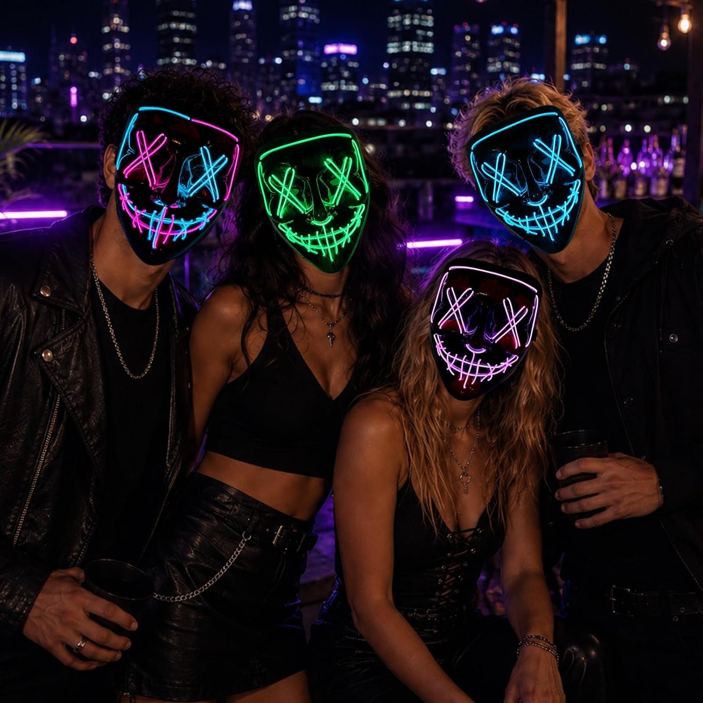 Group wearing LED light-up Halloween masks in different glow colors at a party