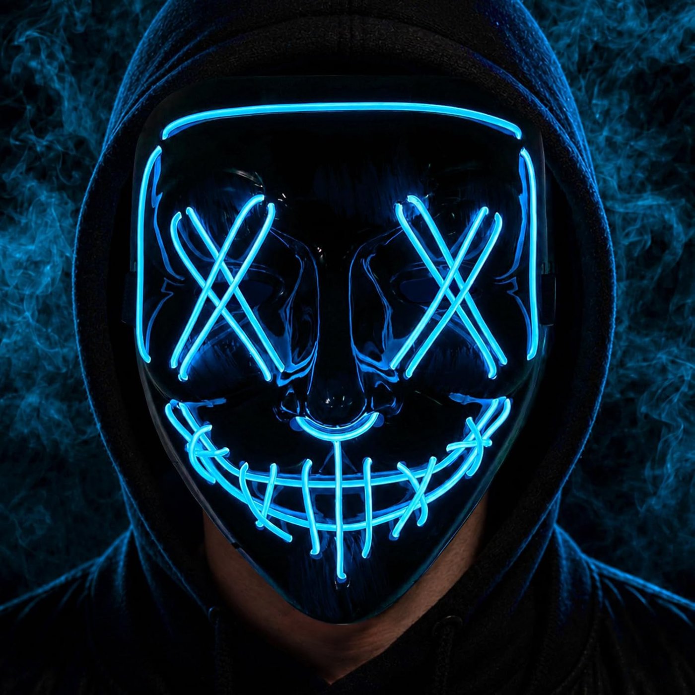 Purge-style LED light-up Halloween mask, glowing blue, product detail