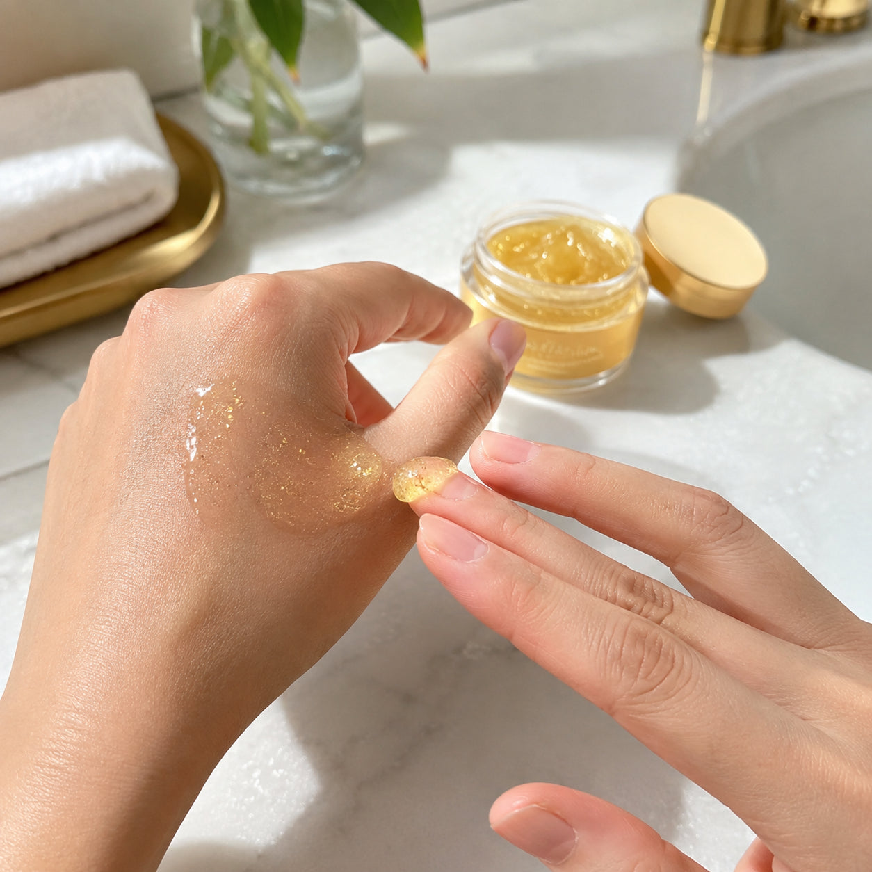 Hand with gold-shimmer gel on fingertips ready to massage into skin