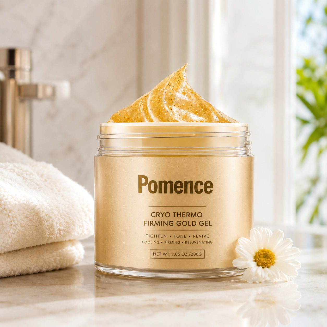 Pomence Cryo-Thermo Firming Gold Gel jar sitting on a bathroom counter