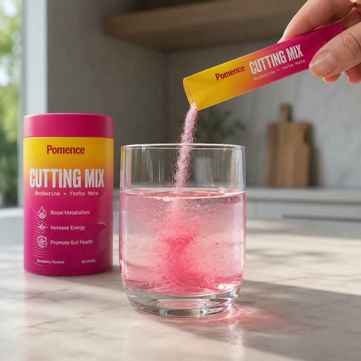Pomence Cutting Mix stick poured into a glass of water