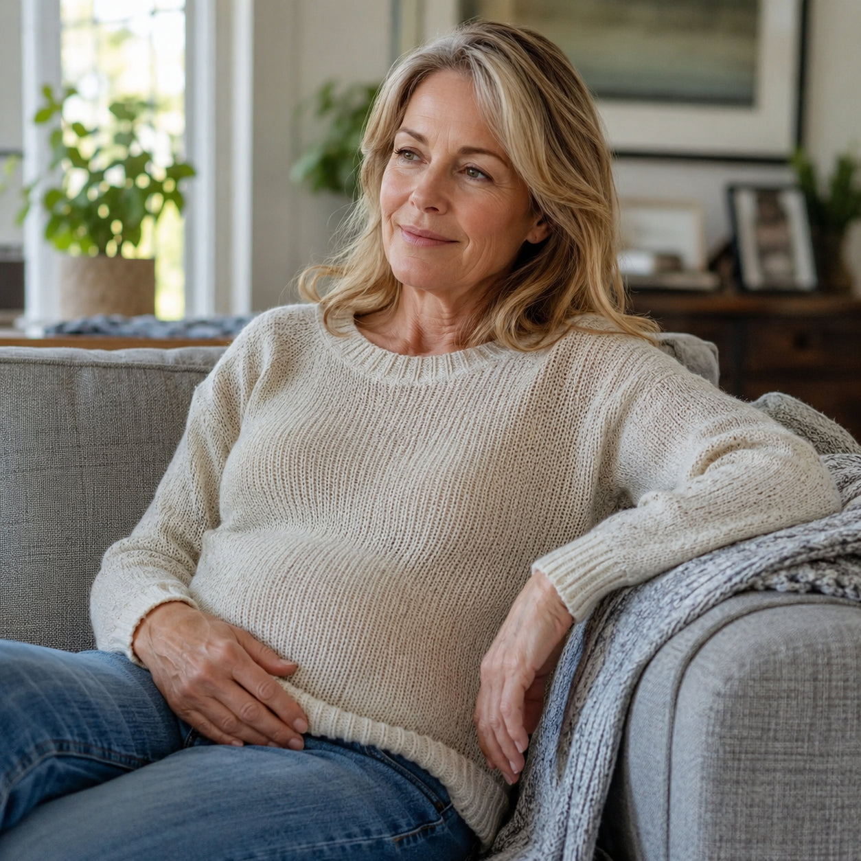 Woman comfortable and relaxed after drinking her stick pack