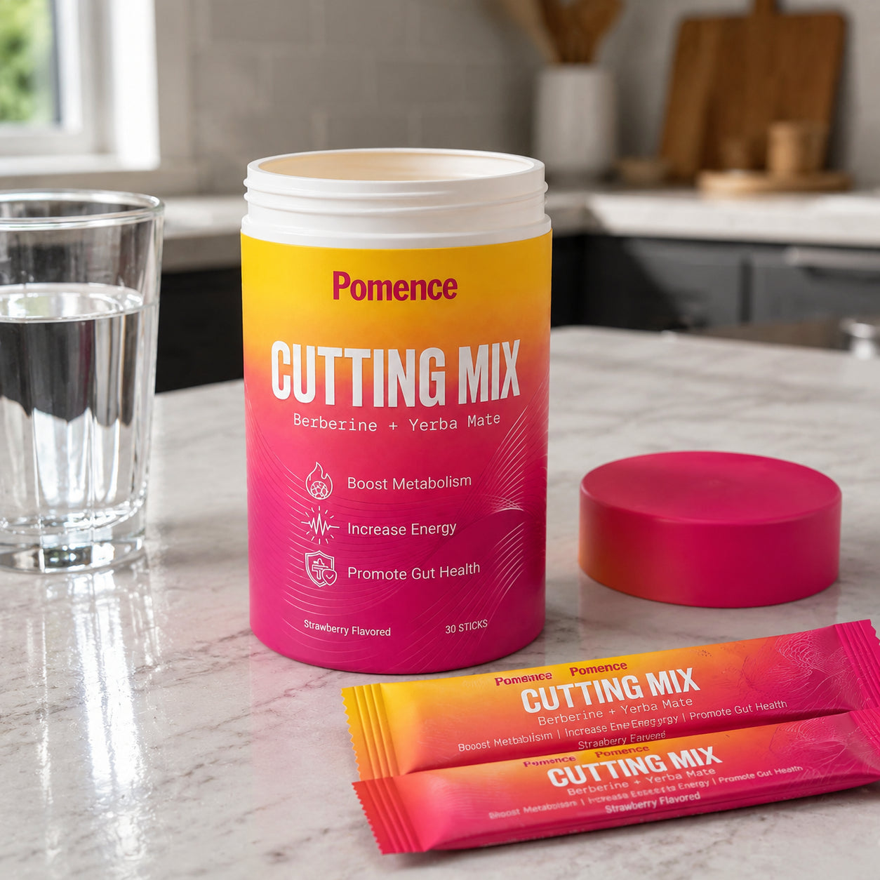 Pomence Cutting Mix pouch with a stick pack next to a glass of water