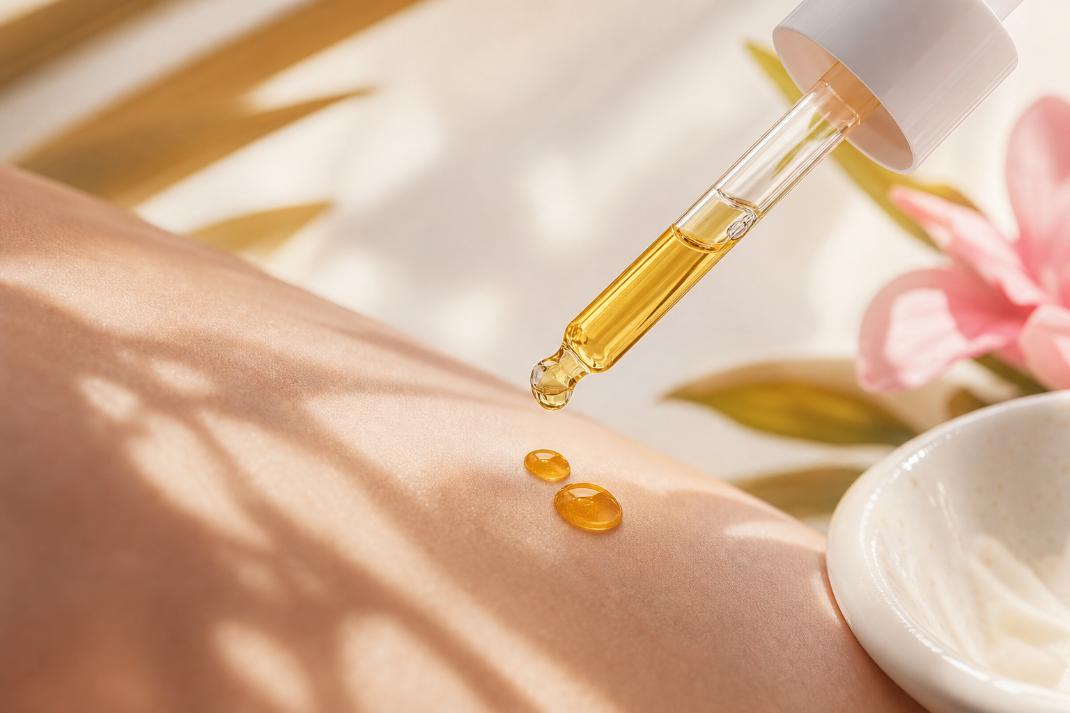 Glass dropper dispensing botanical oil onto smooth skin
