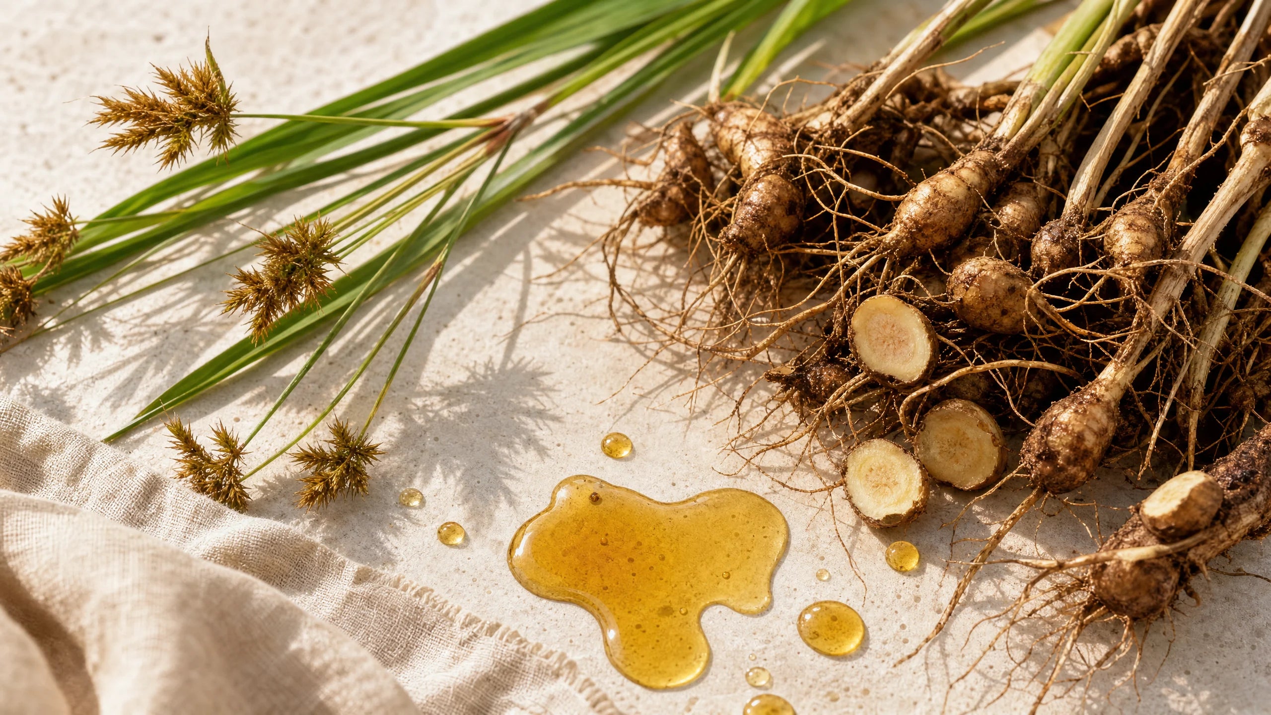 Botanical oil flat lay with Cyperus rotundus root