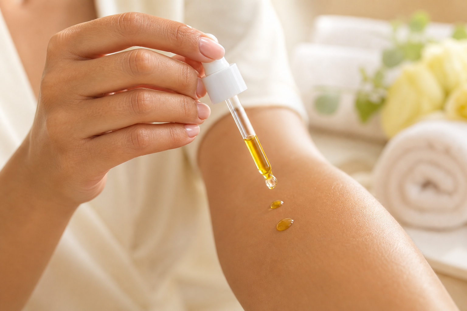 Dropper applying botanical oil to smooth skin