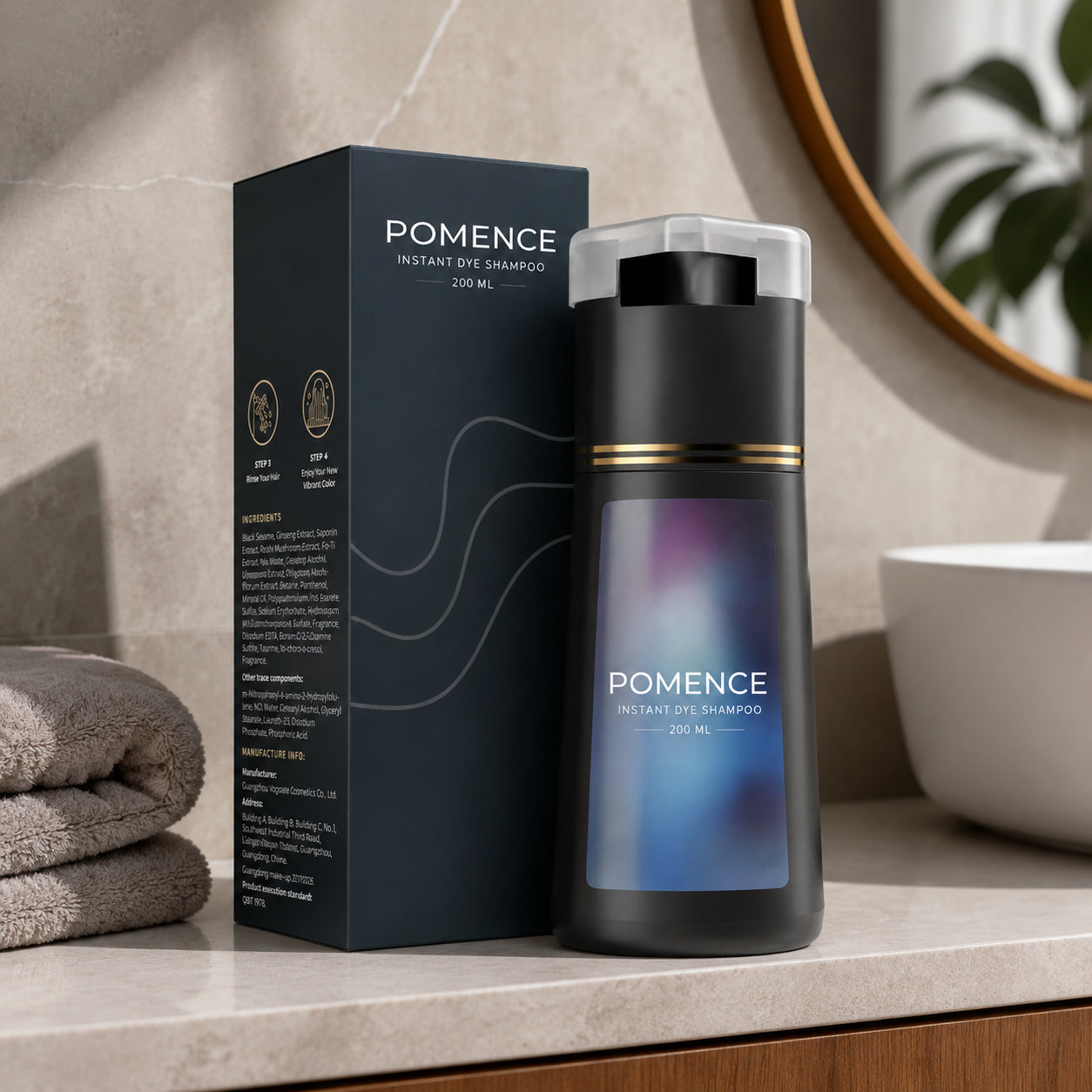 Pomence Instant Dye Shampoo bottle on a bathroom shelf