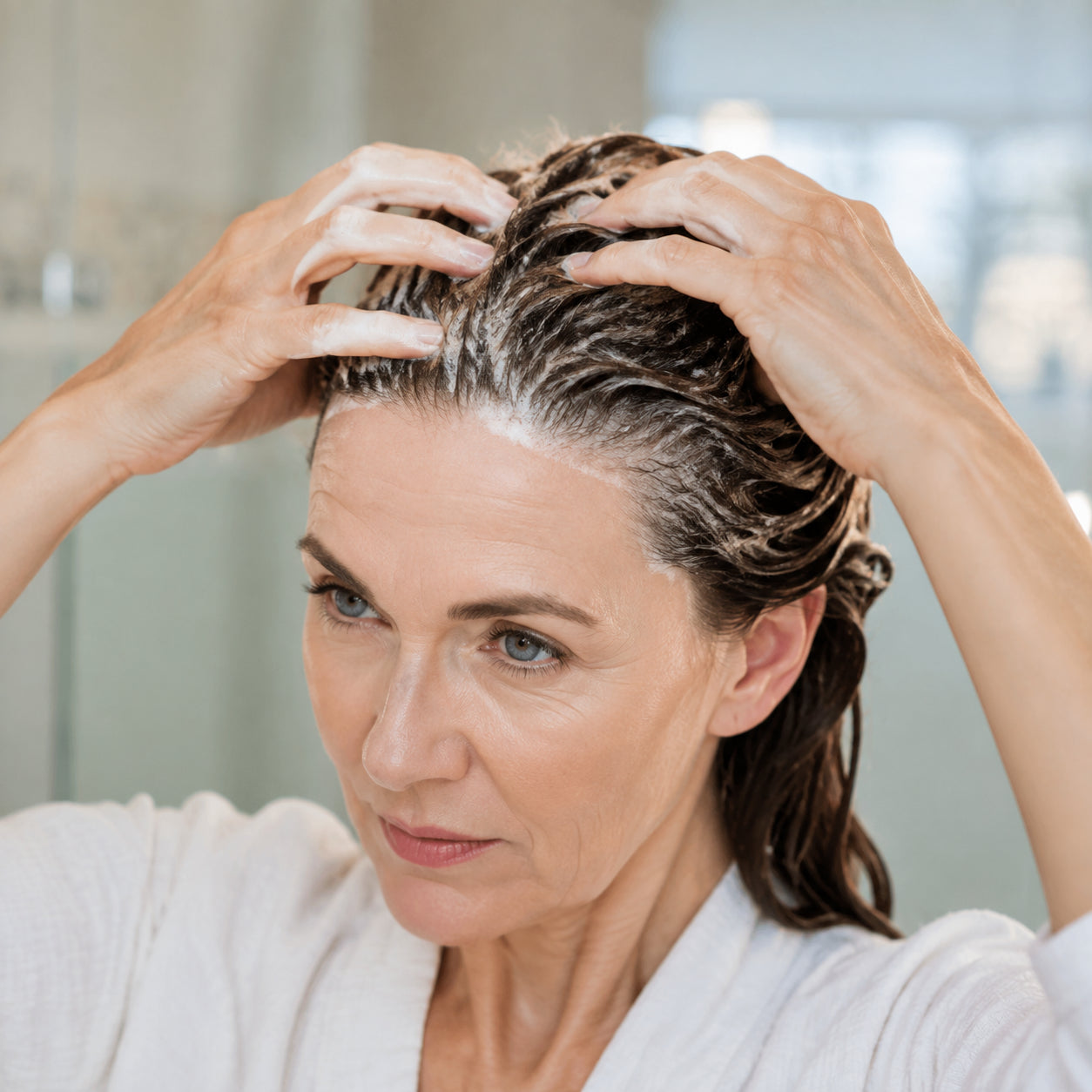 Woman massaging color shampoo into her roots and hairline