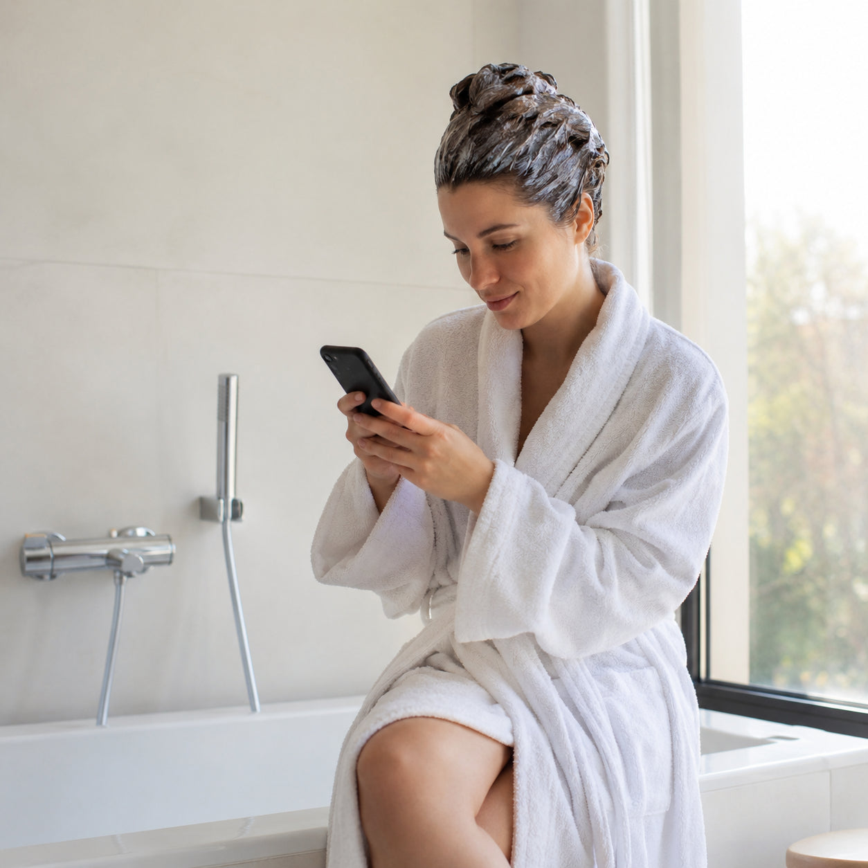 Woman relaxed in a bathrobe while her color sets