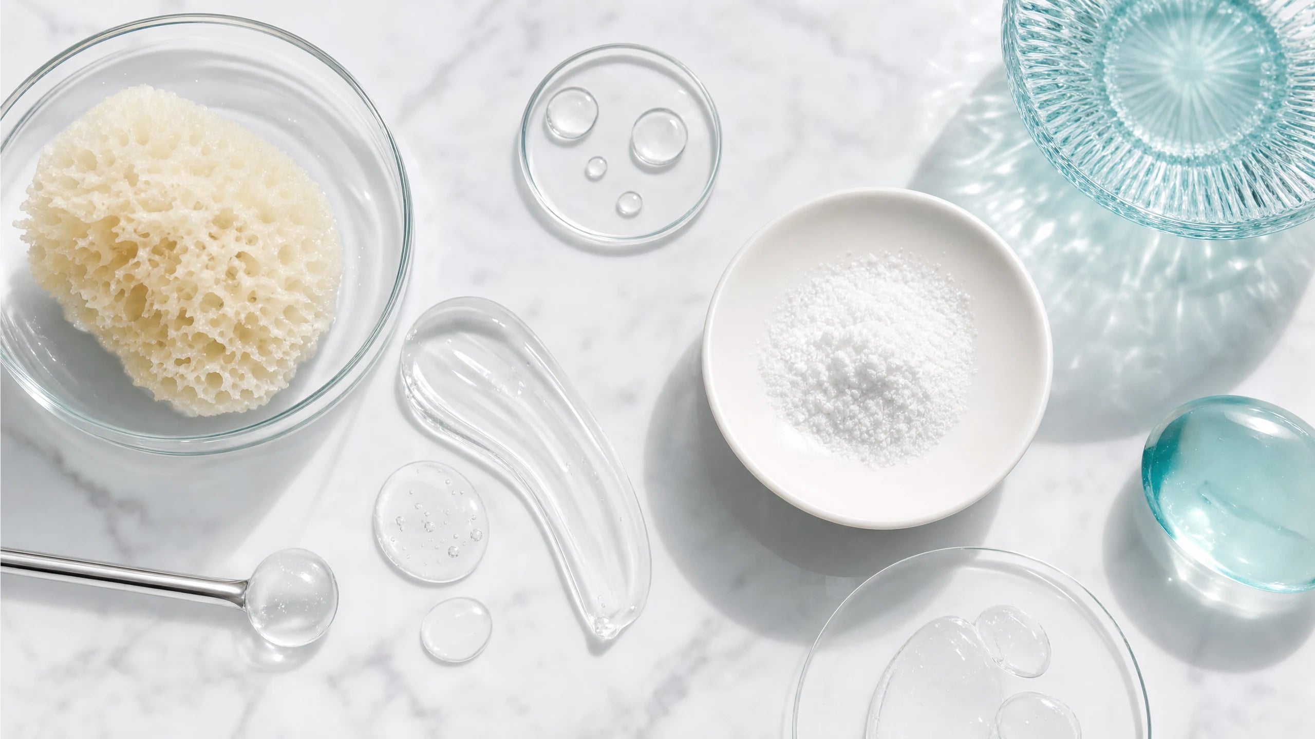 Spicule and clear serum cosmetic technology flat lay