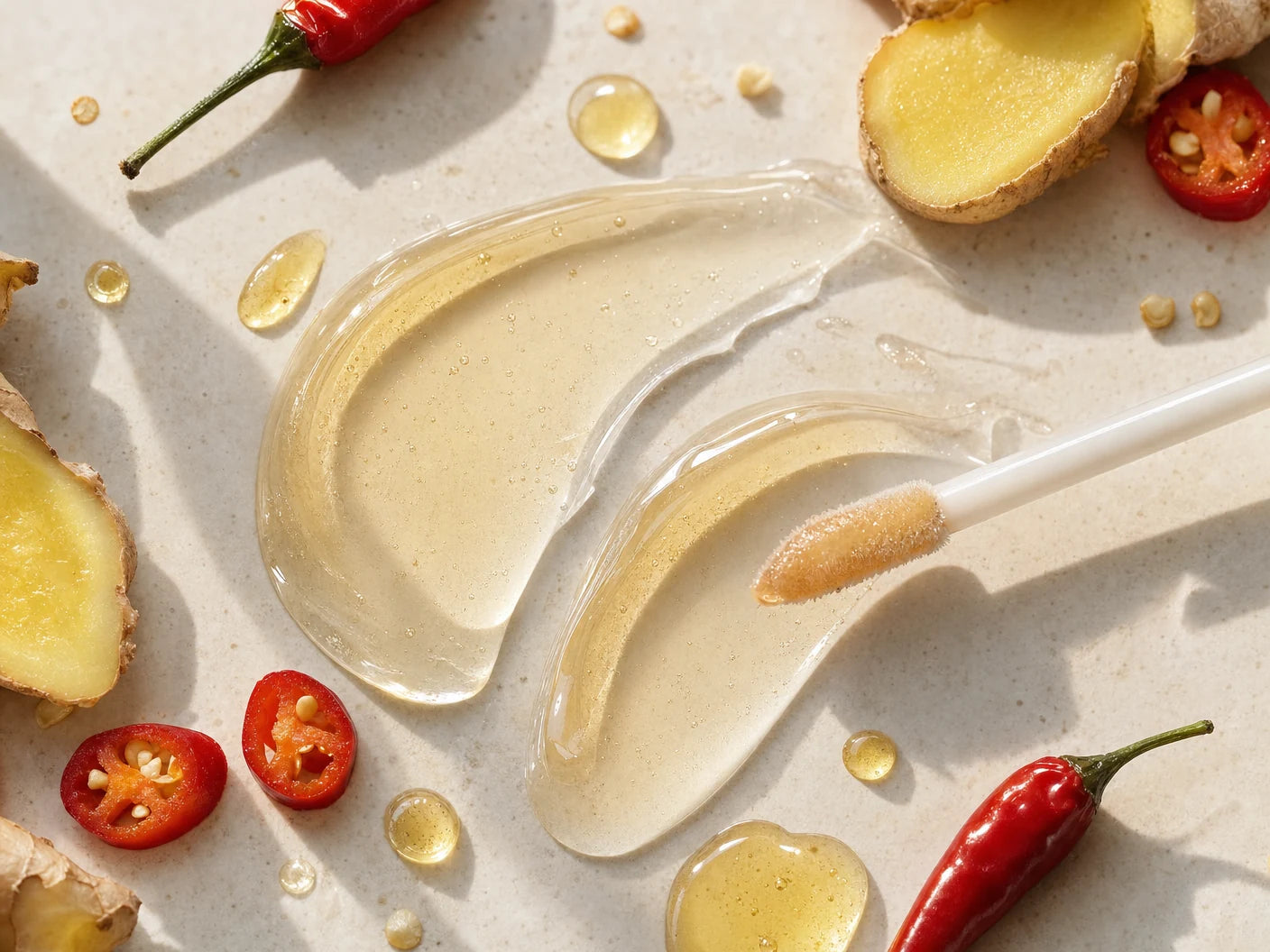 Spicy lip gloss texture with ginger and chili-inspired botanical warmth