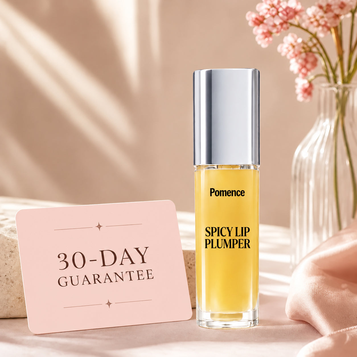 Pomence Spicy Lip Plumper with a 30-day guarantee seal